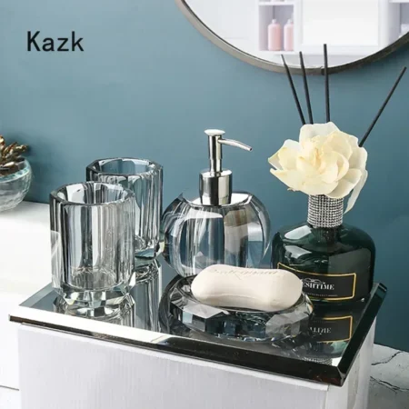 High-End Crystal Glass Bathroom Set – Nordic Luxury Soap Box, Toothbrush Holder, Cup & Shampoo Bottle