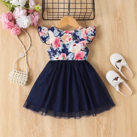 ⁦Sweet Floral Print Dress with Butterfly Knot & Mesh Splice – Summer Casual Wear for Little Girls⁩ - الصورة ⁦2⁩