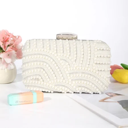 Elegant Pearl Evening Clutch – Beaded Wedding & Party Bag with Chain - Image 2