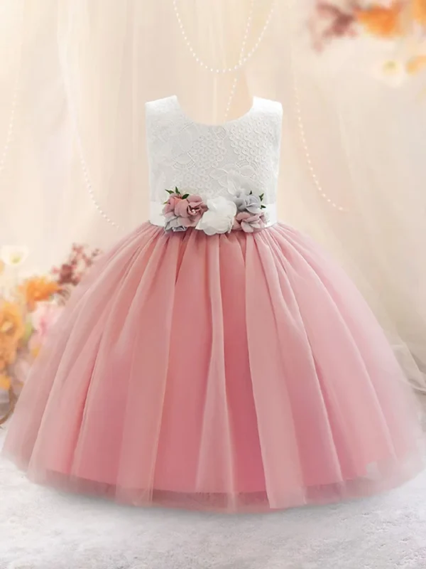 فستان أميرة للبنات - فستان أعياد ميلاد منفوش من القماش الشبكي مع رقعة زهور، فستان أداء أنيق للأطفال الصغار والأطفال
