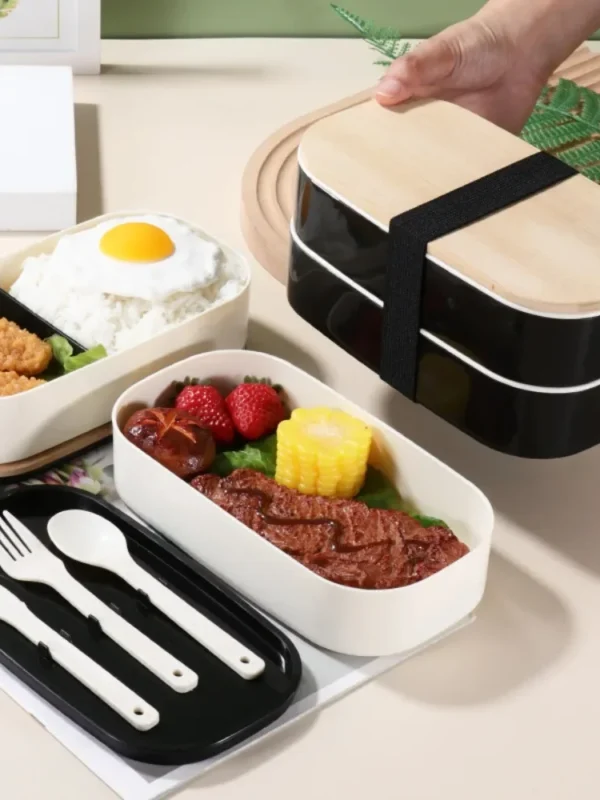 Portable Leak-Proof Wooden Lunch Box with Tableware Japanese Style Double Layer Bento Box Perfect for School Fishing and Camping