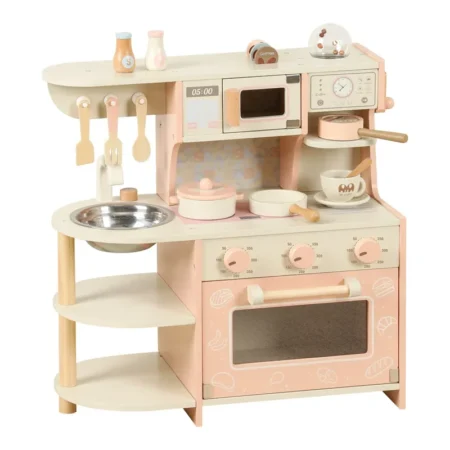 Children’s Wooden Kitchen Toy Set – Montessori Pretend Play Stove & Coffee Maker with Utensils, Integrated Playset for Girls & Toddlers
