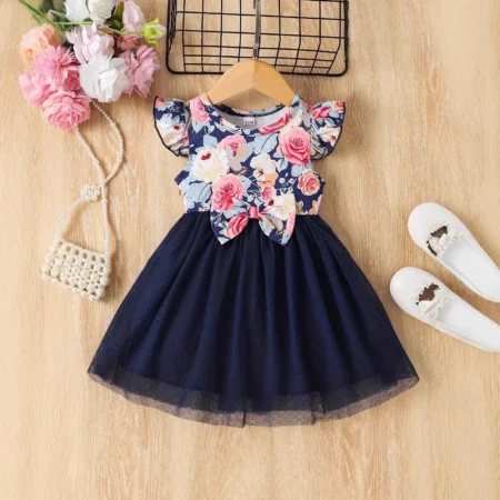 Sweet Floral Print Dress with Butterfly Knot & Mesh Splice – Summer Casual Wear for Little Girls
