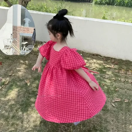 Bear Leader Rose Pink Plaid Bow Dress – Elegant Lolita Midi Sundress for Big Girls & Teens - Image 3