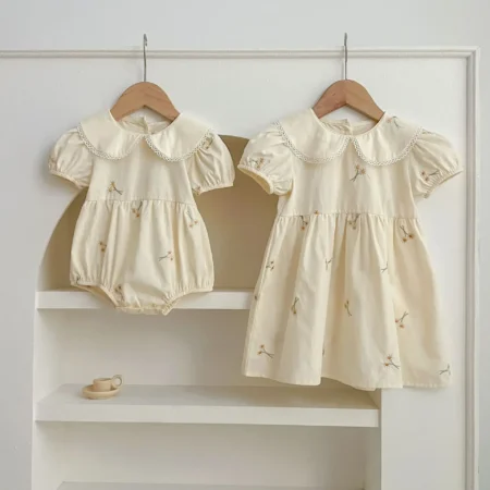 Summer Cute Sister Outfits – Cotton Puff Sleeve Floral Embroidered Princess Dress & Baby Romper