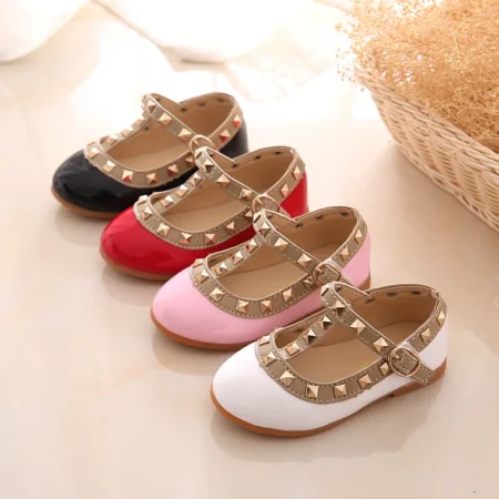 2024 Girls Leather Sandals – Toddler Princess Flats with Rivets, Nude Dance Shoes for Kids - Image 3
