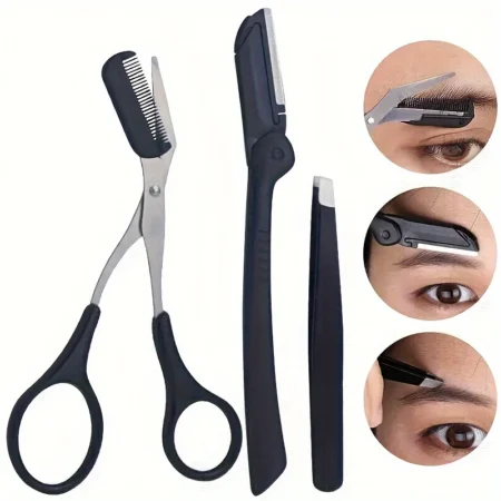 3-Piece Eyebrow Grooming Tool Set – Stainless Steel Eyebrow Scissors, Tweezers & Comb Trimmer Kit for Precise Shaping