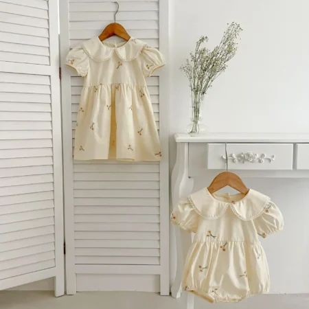 Summer Cute Sister Outfits – Cotton Puff Sleeve Floral Embroidered Princess Dress & Baby Romper - Image 4