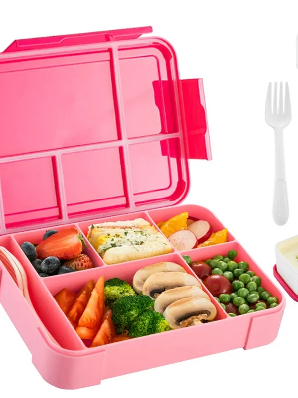 Kids Bento Lunch Box – 5 Compartments with Sauce Cup, Rose Red, Durable & Easy Open Snack Box for School Lunches