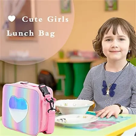 ⁦Rainbow Heart Kids Lunch Bag – Insulated Bento Tote for Girls, Picnic & School⁩ - الصورة ⁦3⁩