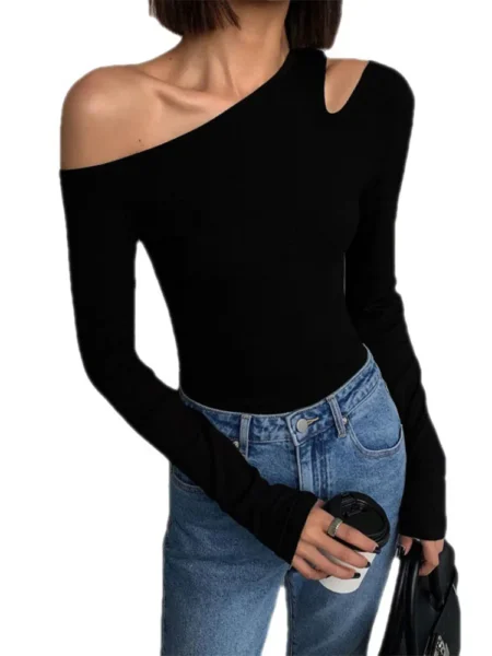 Off-Shoulder Slim Fit Crop Top – Hollow Out Long Sleeve Tee for Women