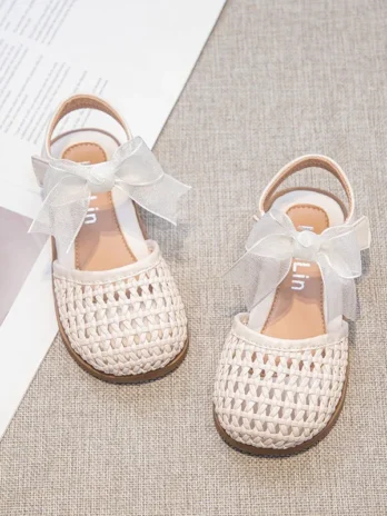 Girls’ Braided Summer Sandals – Closed-Toe Princess Shoes with Soft Sole & Butterfly Design