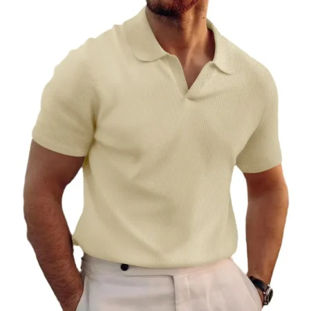⁦2024 Summer Men's Heavy Waffle Polo Shirt – Casual Solid Color V-Collar Short Sleeve Top⁩ - الصورة ⁦3⁩