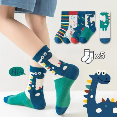 5 Pairs Kids Dinosaur Cartoon Socks – Autumn Winter Mid-High Baby Socks