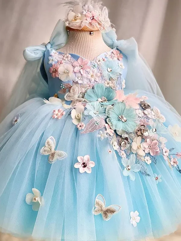 فستان أميرة فاخر وأنيق لفتاة الزهور، فستان شبكي رسمي منفوش لعيد الميلاد، فستان لوليتا الفراشة لحفلات أعياد الميلاد
