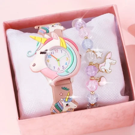 Kids Unicorn Watch & Bracelet Set – Cute Cartoon Silicone Bead Design
