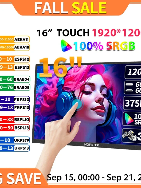 شاشة HGFRTEE المحمولة التي تعمل باللمس مقاس 16 بوصة 16:10 96%sRGB 350Cd/m² شاشة ثانية للكمبيوتر المحمول مع حامل من النوع C متوافق مع HDMI