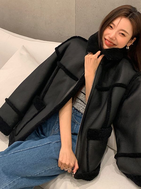 Lambswool Fashion Leather Coat Patchwork Short Section Women