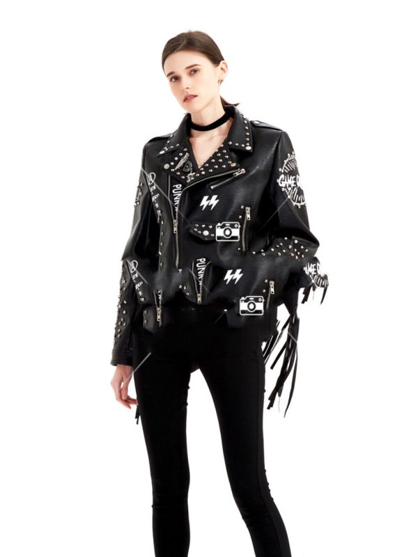 جاكيت جلدي قصير نحيف مطبوع عليه رسومات جرافيتي للنساء