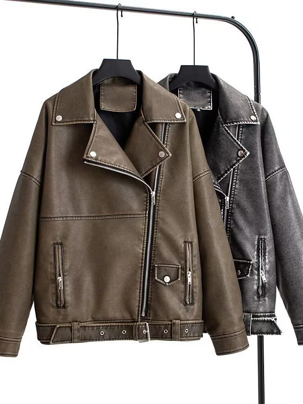 European And American Style Washed PU Leather Jacket Women