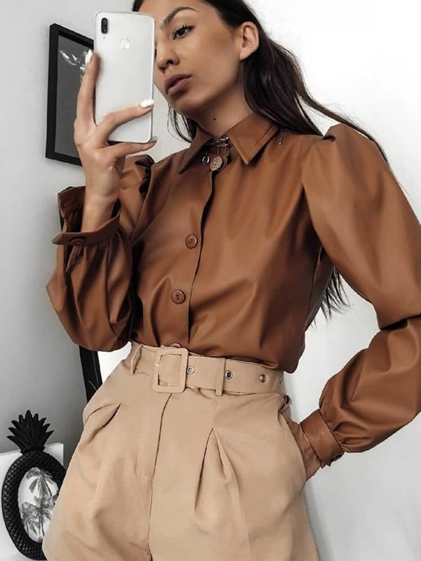 Long Puff Sleeve Turn Down Collar Women Leather Shirt