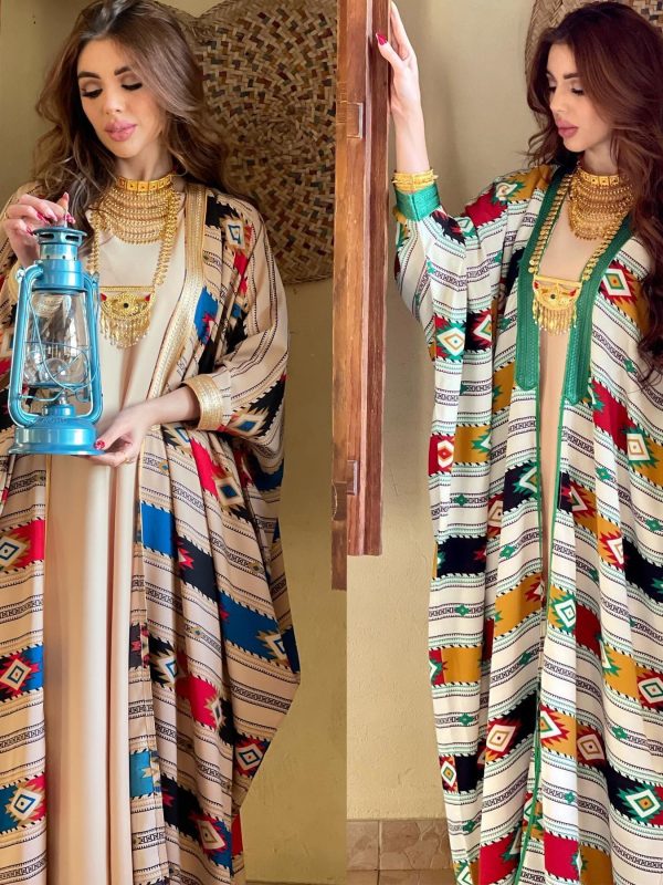 Striped Batwing Sleeve Muslim Vest Coat Two-piece Set Abaya Dress