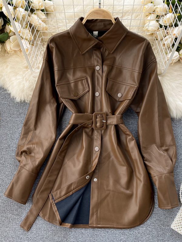 سترة جلدية من البولي يوريثان بنفس الطراز للخريف والشتاء للنساء