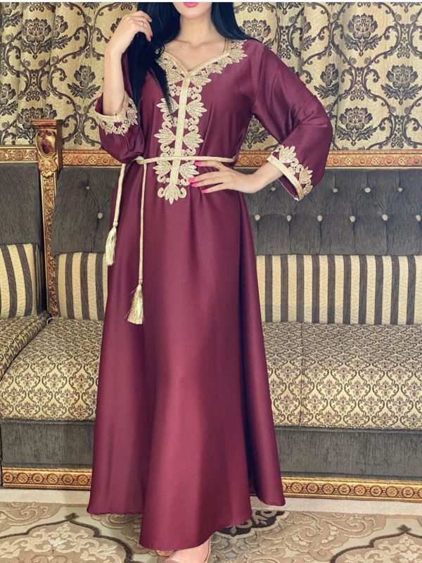Middle East Dubai Embroidered Long Skirt Muslim Women Embroidered Bronzing Lace Dress