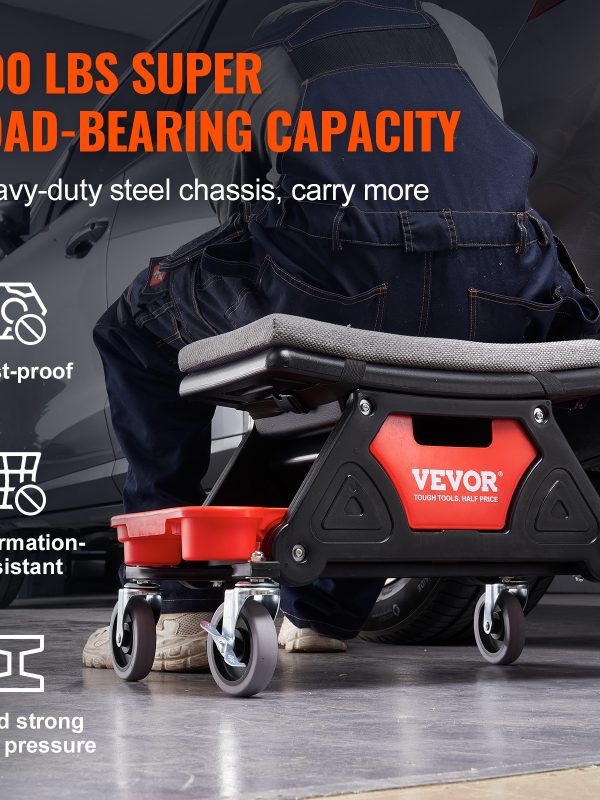 VEVOR Mechanics Stool, 300 LBS Capacity Rolling Mechanic Seat With Wheels, With Three Slide Out Tool Trays And Drawer, Heavy Duty Roller Creeper Seat For Home Garage DIY Automotive