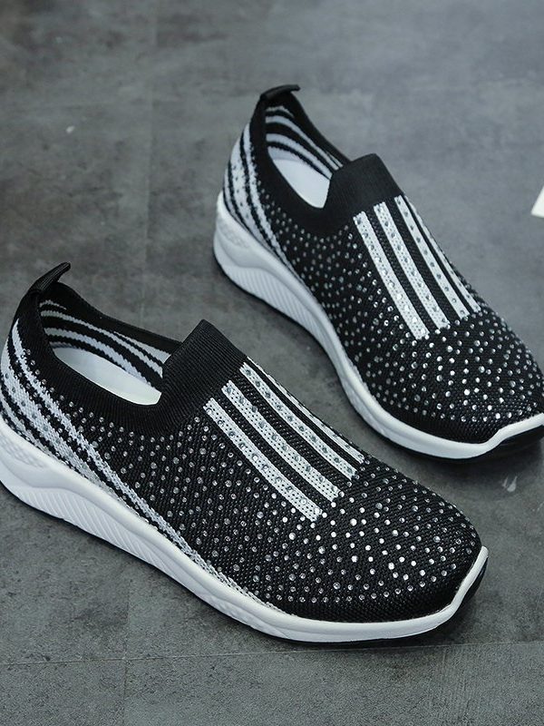 Rhinestone Elastic Foot Knit Casual Shoes Women