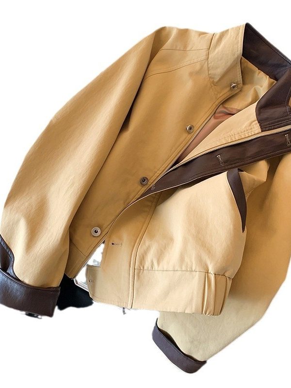 Khaki Leather Patchwork Stand Collar Jacket Short Coat For Women Autumn