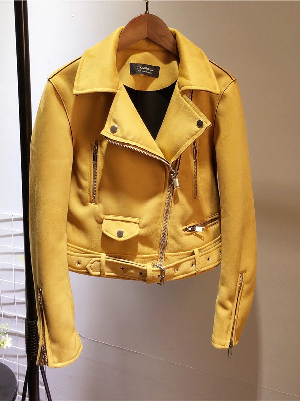 Suede leather women motorcycle leather plush fleece jacket