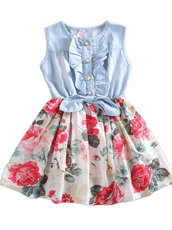 Summer Children Sleeveless Girl Denim Floral Dresses