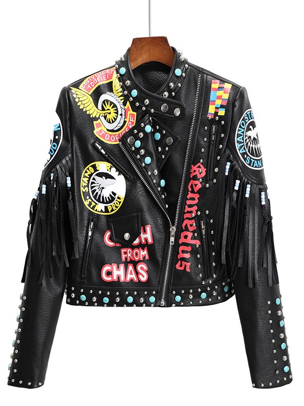 New Fashion Print Contrast Color Rivet Leather Jacket For Women