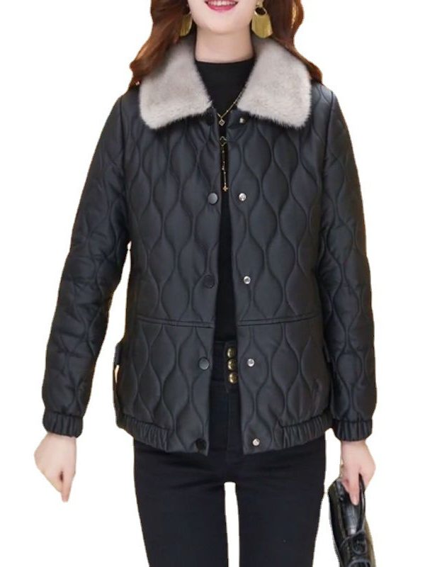 Non-split Leather Disposable Down Cotton-padded Coat For Women Short Leather Jacket