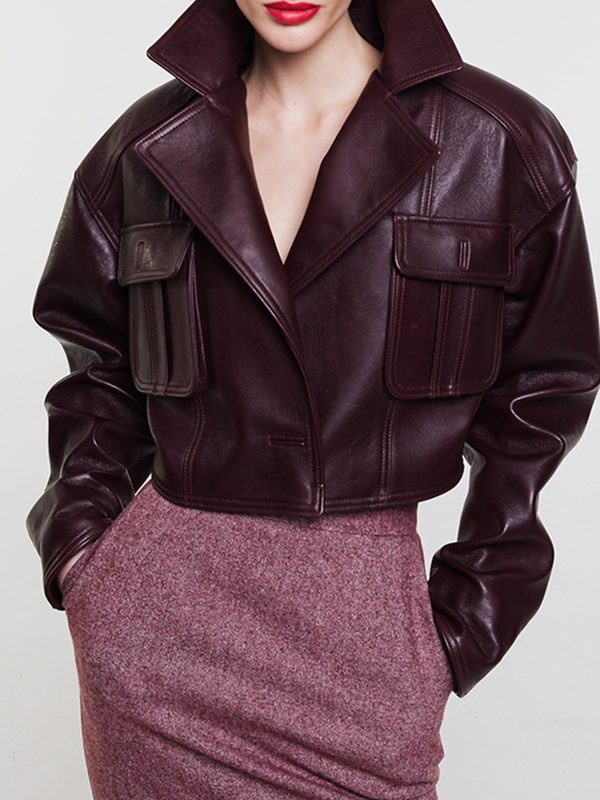 Patchwork Pocket Cropped Leather Coat Women