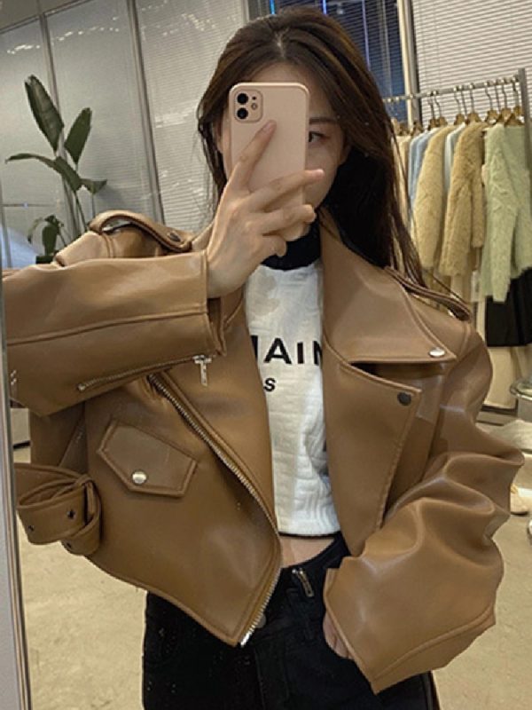 Fashion Brown Motorcycle Leather Coat Women