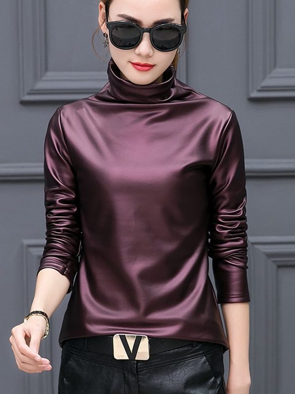 Fleece-lined Thick Leather Coat Turtleneck Bottoming Shirt For Women