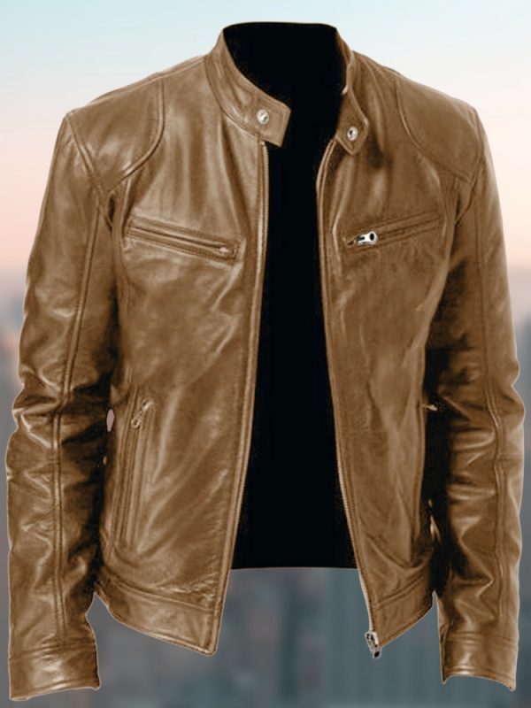 Gentleman's Warm Zipper Cardigan Pocket Decorated Pu Leather Coat