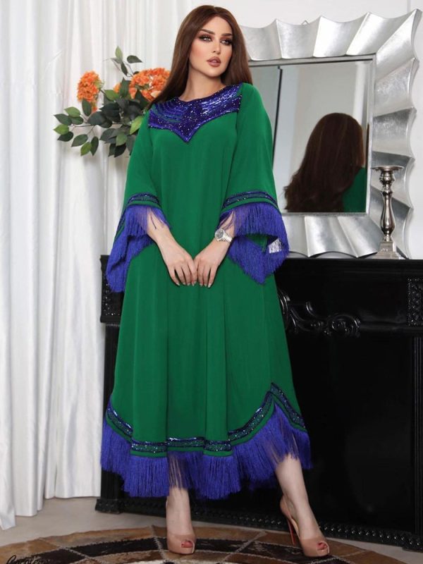 Morocco Women Sequins Tassel Muslim Abaya Kaftan Evening Dress