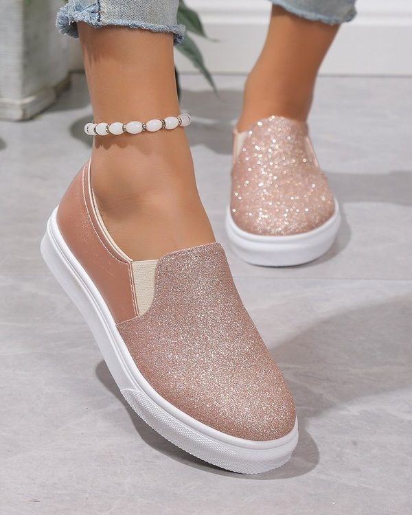 Round Toe Flat Shoes With Sequined Loafers Walking Shoes Women