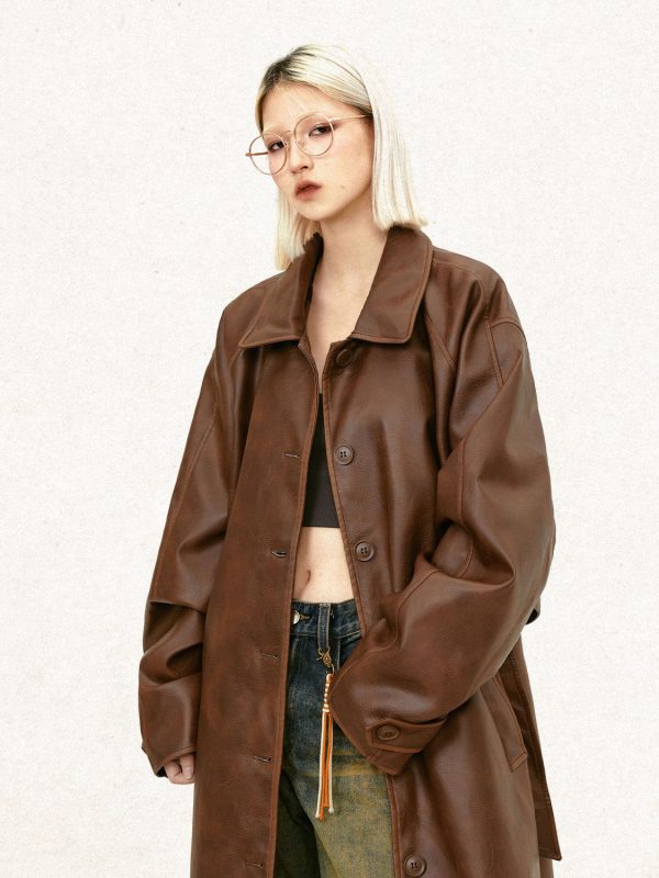 Leather Mid-length Trench Coat Men And Women