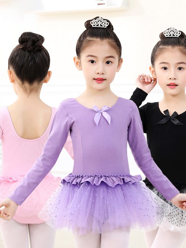 ملابس تدريب الرقص للأطفال من القطن بأكمام طويلة من قطعة واحدة