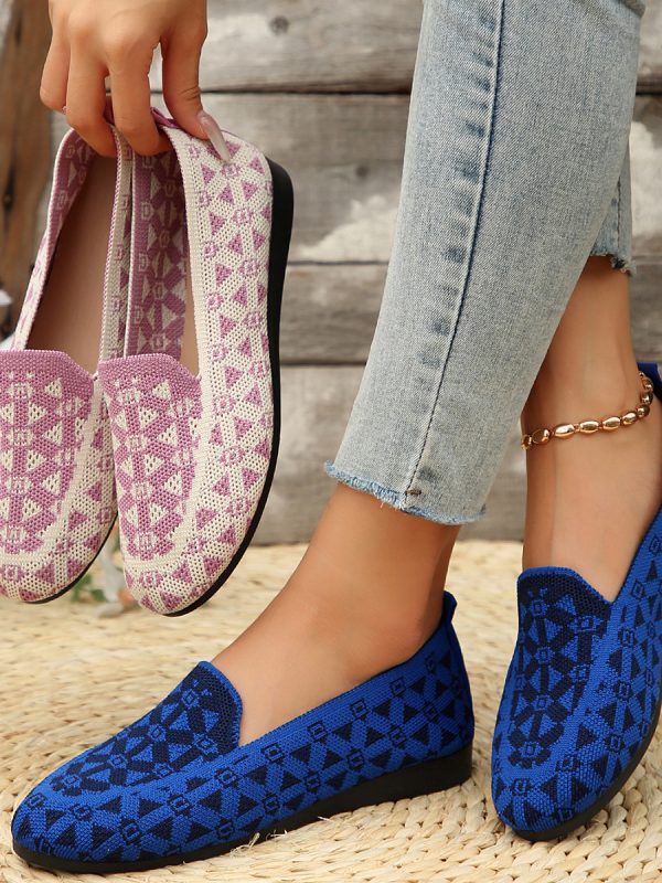 Printed Round Toe Flat Shoes Fashion Casual Hollow Breathable Knitted Shoes Loafers For Women