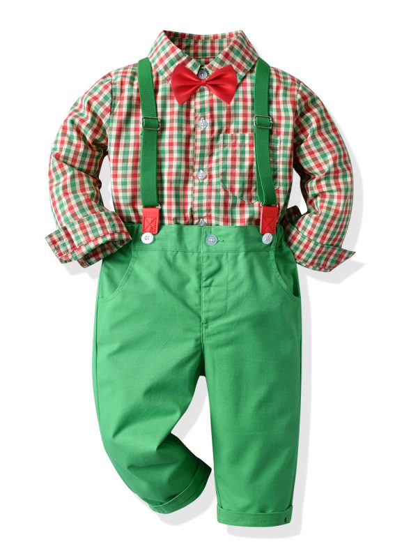 Boy's Long-sleeved Plaid Shirt And Overalls