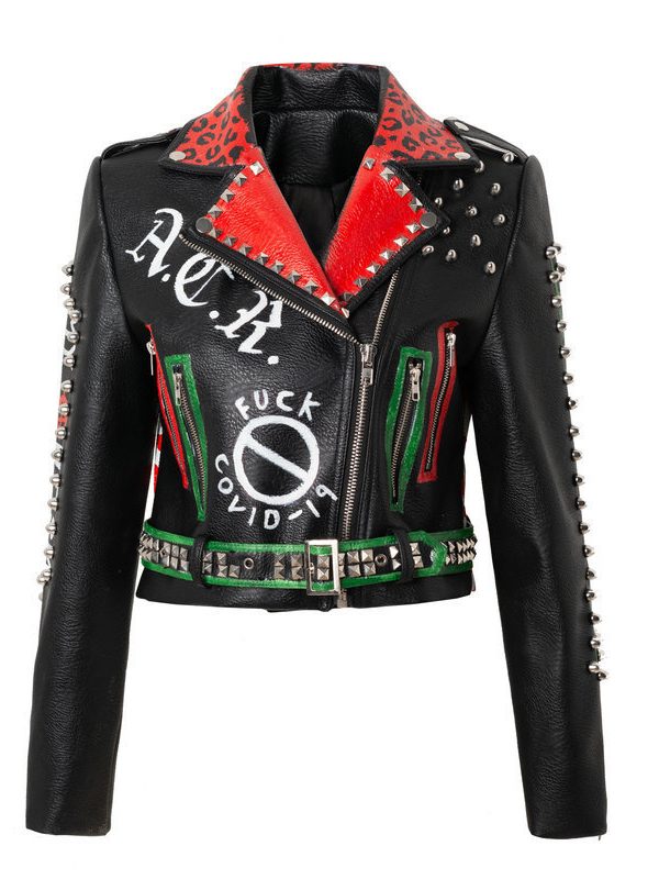 Slim Fit Tide Brand Motorcycle Leather Jacket Women Print Rivet Punk Style