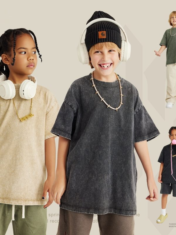 Washed Round Neck Short Sleeve Batik Children's T-shirt