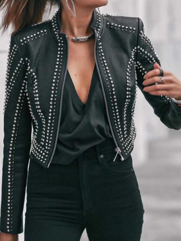 Women Slim Sexy PU Leather Jacket Rivet Zipper Long Sleeve