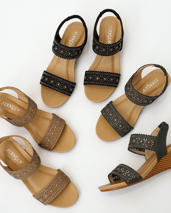 Flower Hollow Out Sandals With Rhinestones Wedges Shoes Women