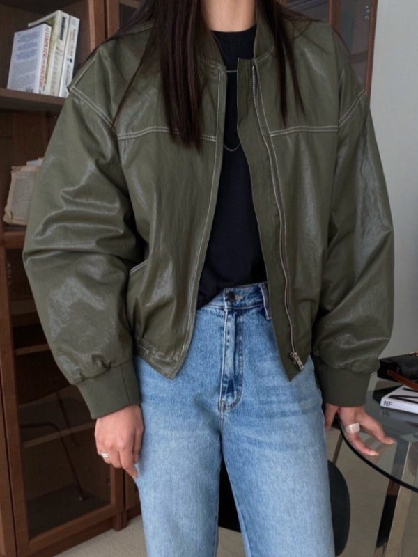 Loose Long Sleeve Leather Jacket Coat Women